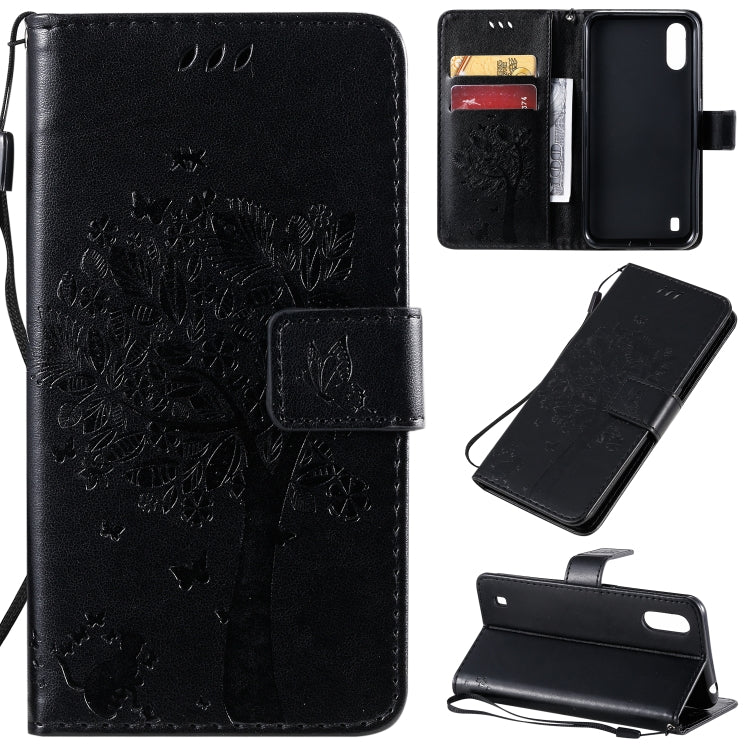 Tree & Cat Pattern Pressed Printing Horizontal Flip PU Leather Case with Holder & Card Slots & Wallet & Lanyard, For Galaxy A01, For Galaxy A21