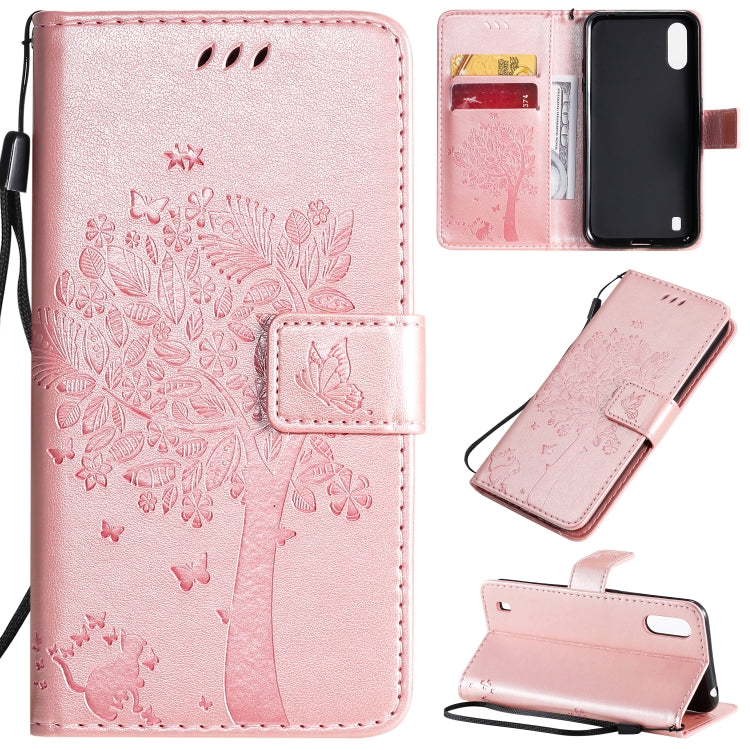 Tree & Cat Pattern Pressed Printing Horizontal Flip PU Leather Case with Holder & Card Slots & Wallet & Lanyard, For Galaxy A01, For Galaxy A21