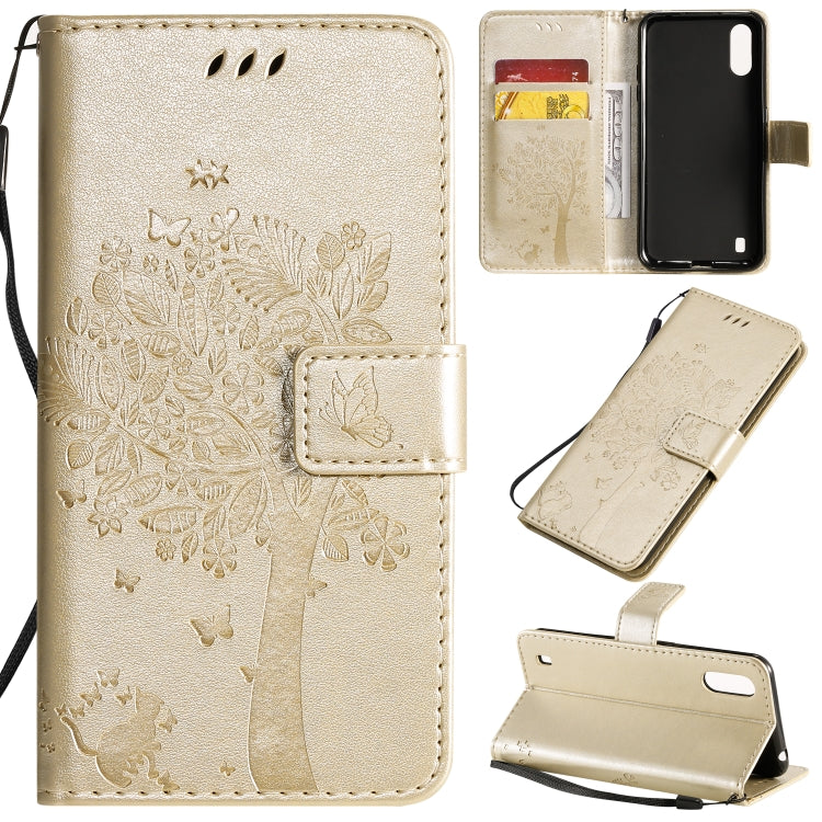 Tree & Cat Pattern Pressed Printing Horizontal Flip PU Leather Case with Holder & Card Slots & Wallet & Lanyard, For Galaxy A01, For Galaxy A21