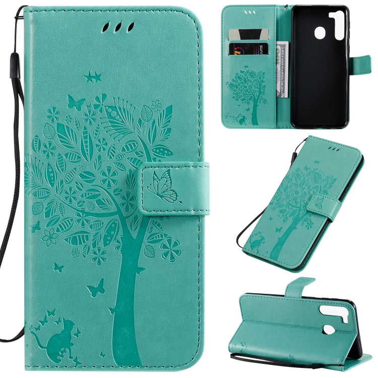 Tree & Cat Pattern Pressed Printing Horizontal Flip PU Leather Case with Holder & Card Slots & Wallet & Lanyard, For Galaxy A01, For Galaxy A21