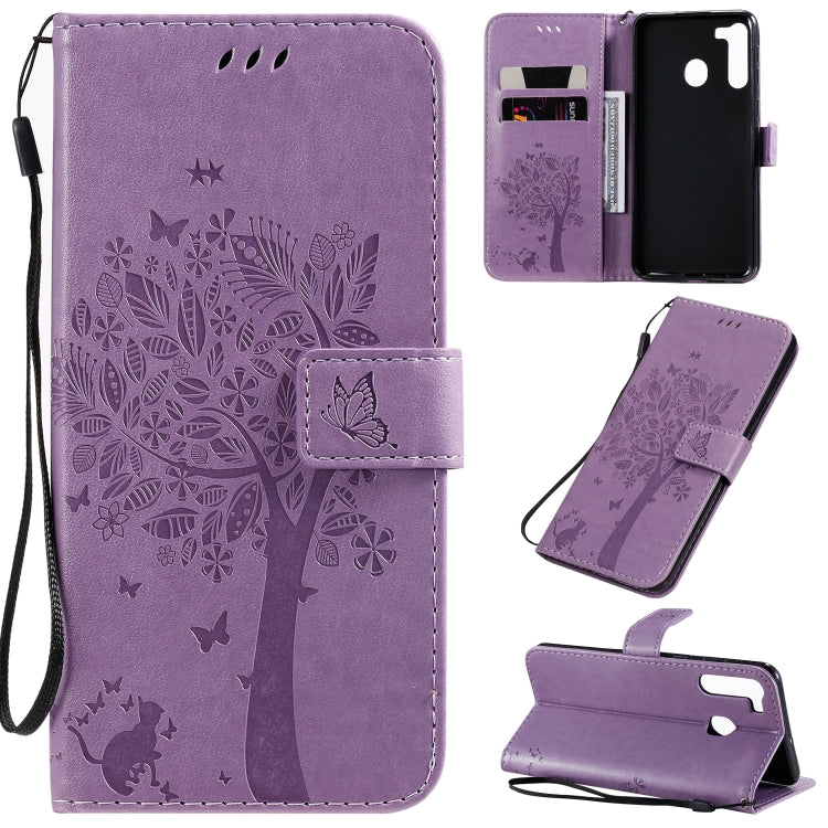 Tree & Cat Pattern Pressed Printing Horizontal Flip PU Leather Case with Holder & Card Slots & Wallet & Lanyard, For Galaxy A01, For Galaxy A21