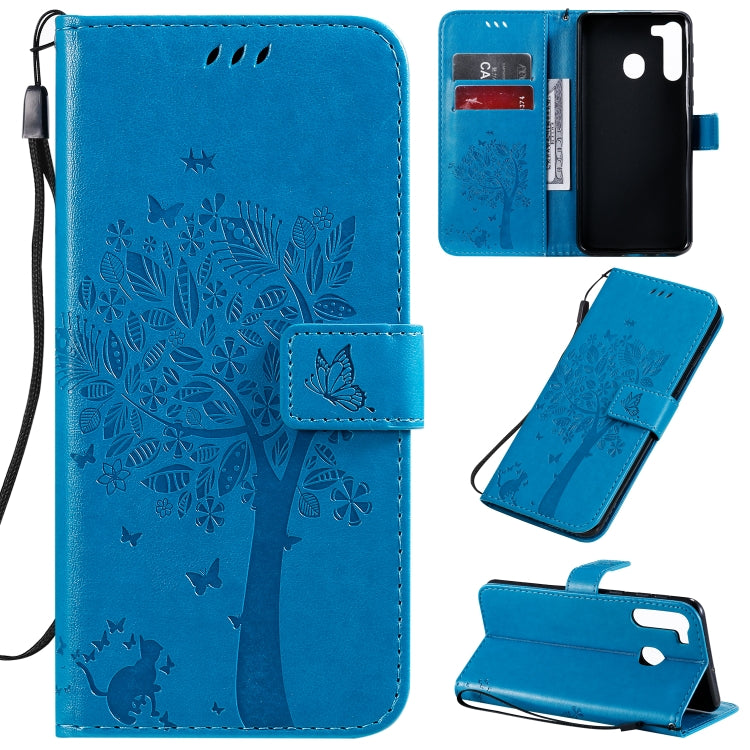 Tree & Cat Pattern Pressed Printing Horizontal Flip PU Leather Case with Holder & Card Slots & Wallet & Lanyard, For Galaxy A01, For Galaxy A21