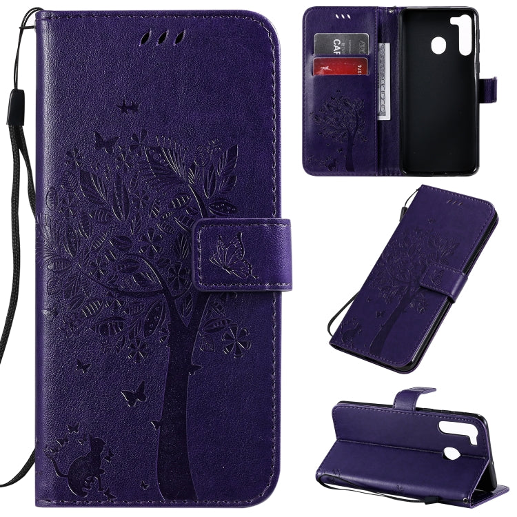 Tree & Cat Pattern Pressed Printing Horizontal Flip PU Leather Case with Holder & Card Slots & Wallet & Lanyard, For Galaxy A01, For Galaxy A21