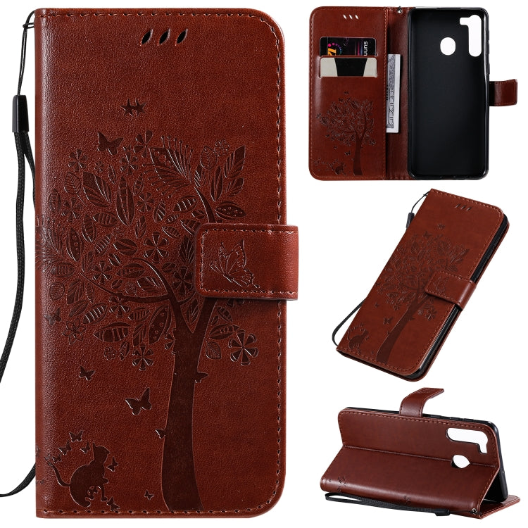 Tree & Cat Pattern Pressed Printing Horizontal Flip PU Leather Case with Holder & Card Slots & Wallet & Lanyard, For Galaxy A01, For Galaxy A21