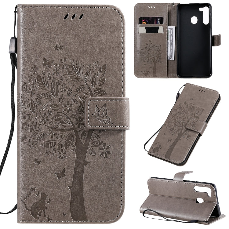 Tree & Cat Pattern Pressed Printing Horizontal Flip PU Leather Case with Holder & Card Slots & Wallet & Lanyard, For Galaxy A01, For Galaxy A21