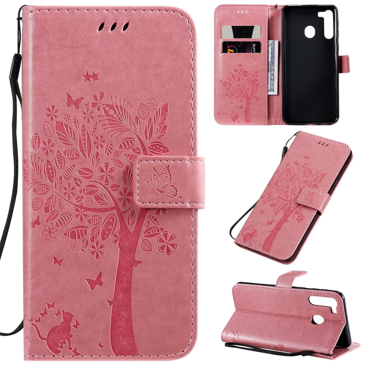 Tree & Cat Pattern Pressed Printing Horizontal Flip PU Leather Case with Holder & Card Slots & Wallet & Lanyard, For Galaxy A01, For Galaxy A21