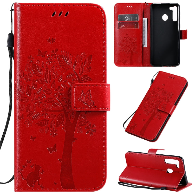 Tree & Cat Pattern Pressed Printing Horizontal Flip PU Leather Case with Holder & Card Slots & Wallet & Lanyard, For Galaxy A01, For Galaxy A21