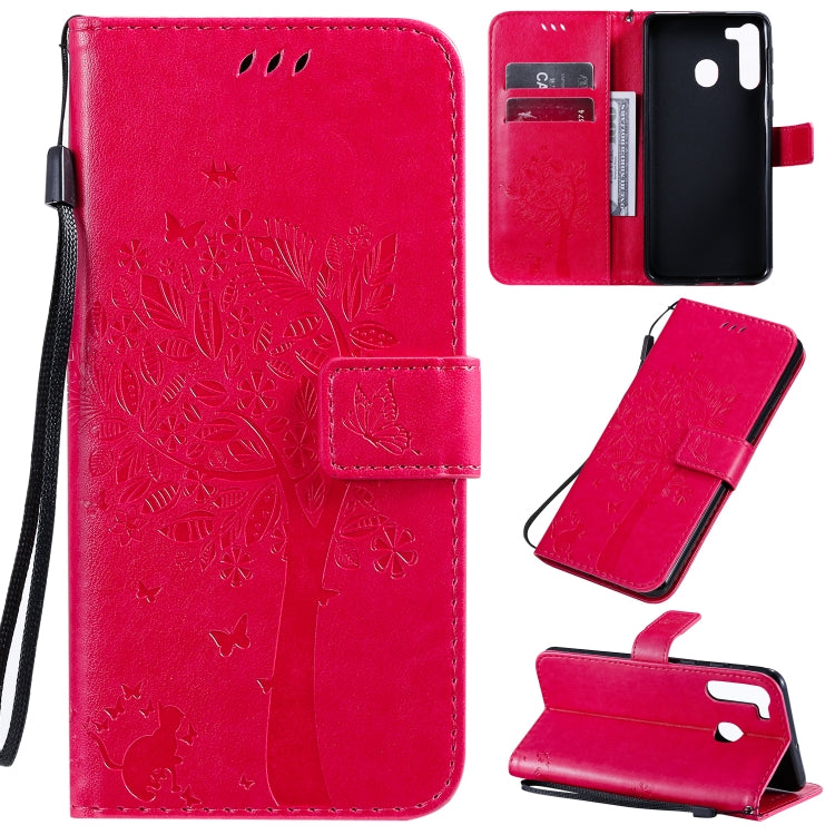 Tree & Cat Pattern Pressed Printing Horizontal Flip PU Leather Case with Holder & Card Slots & Wallet & Lanyard, For Galaxy A01, For Galaxy A21