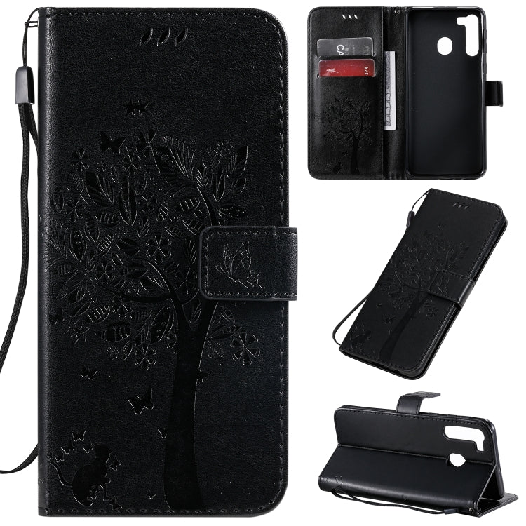 Tree & Cat Pattern Pressed Printing Horizontal Flip PU Leather Case with Holder & Card Slots & Wallet & Lanyard, For Galaxy A01, For Galaxy A21