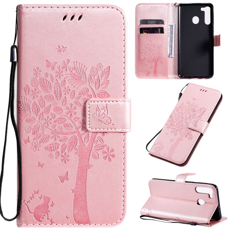 Tree & Cat Pattern Pressed Printing Horizontal Flip PU Leather Case with Holder & Card Slots & Wallet & Lanyard, For Galaxy A01, For Galaxy A21