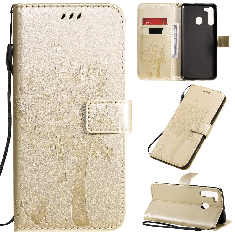 Tree & Cat Pattern Pressed Printing Horizontal Flip PU Leather Case with Holder & Card Slots & Wallet & Lanyard, For Galaxy A01, For Galaxy A21