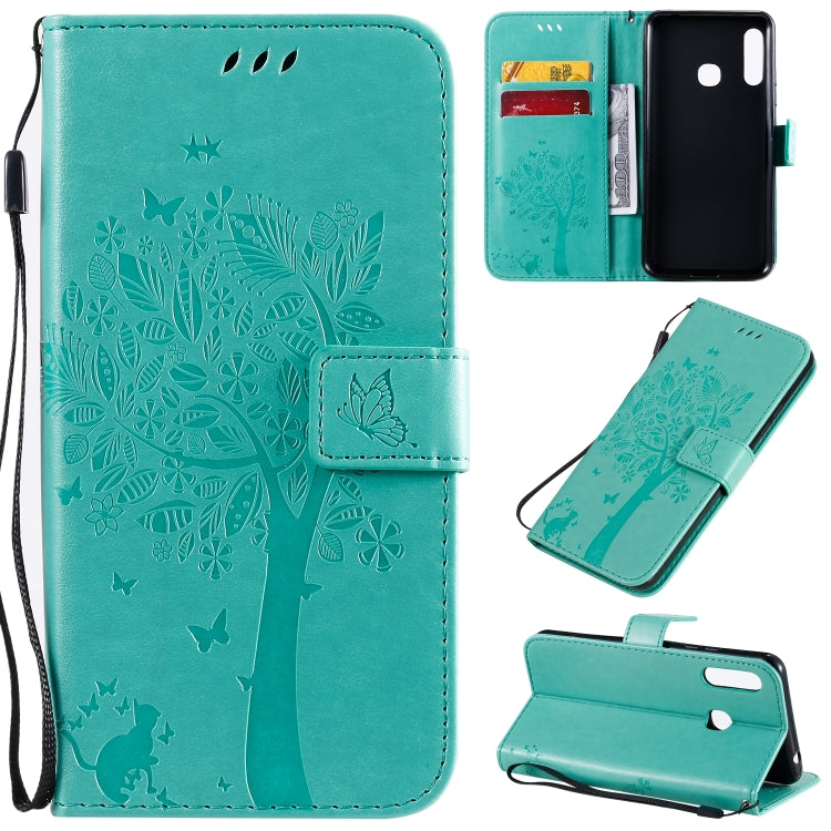 Tree & Cat Pattern Pressed Printing Horizontal Flip PU Leather Case with Holder & Card Slots & Wallet & Lanyard, For Galaxy A70e, For Galaxy A81 / M60S