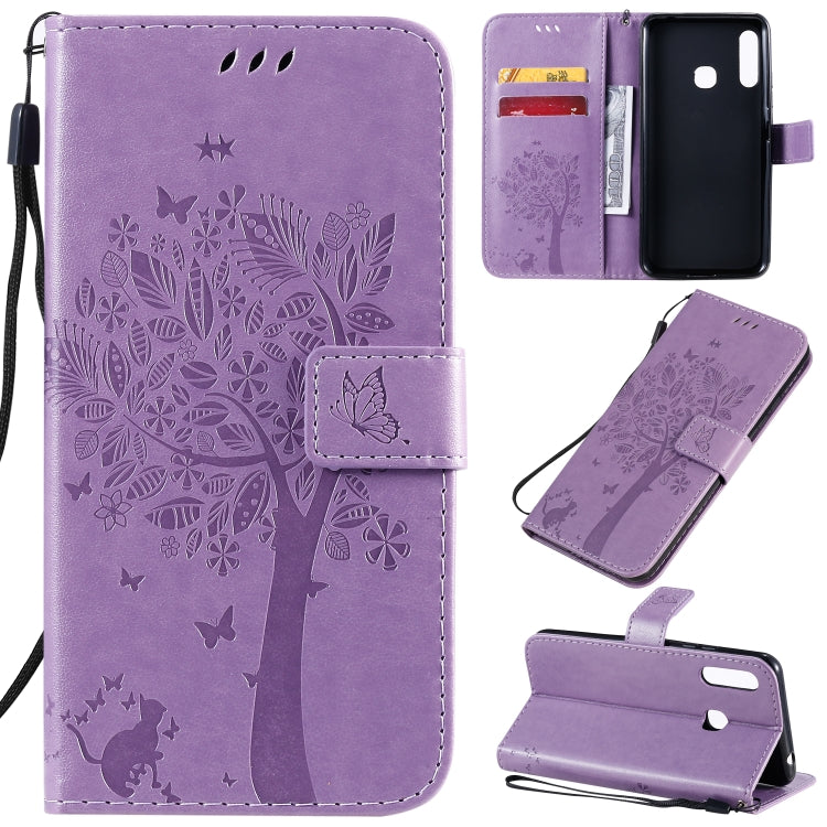 Tree & Cat Pattern Pressed Printing Horizontal Flip PU Leather Case with Holder & Card Slots & Wallet & Lanyard, For Galaxy A70e, For Galaxy A81 / M60S