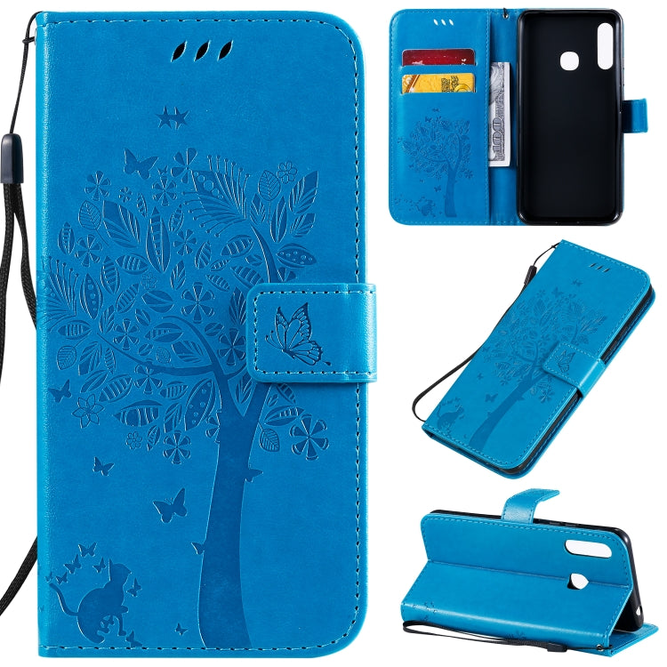 Tree & Cat Pattern Pressed Printing Horizontal Flip PU Leather Case with Holder & Card Slots & Wallet & Lanyard, For Galaxy A70e, For Galaxy A81 / M60S