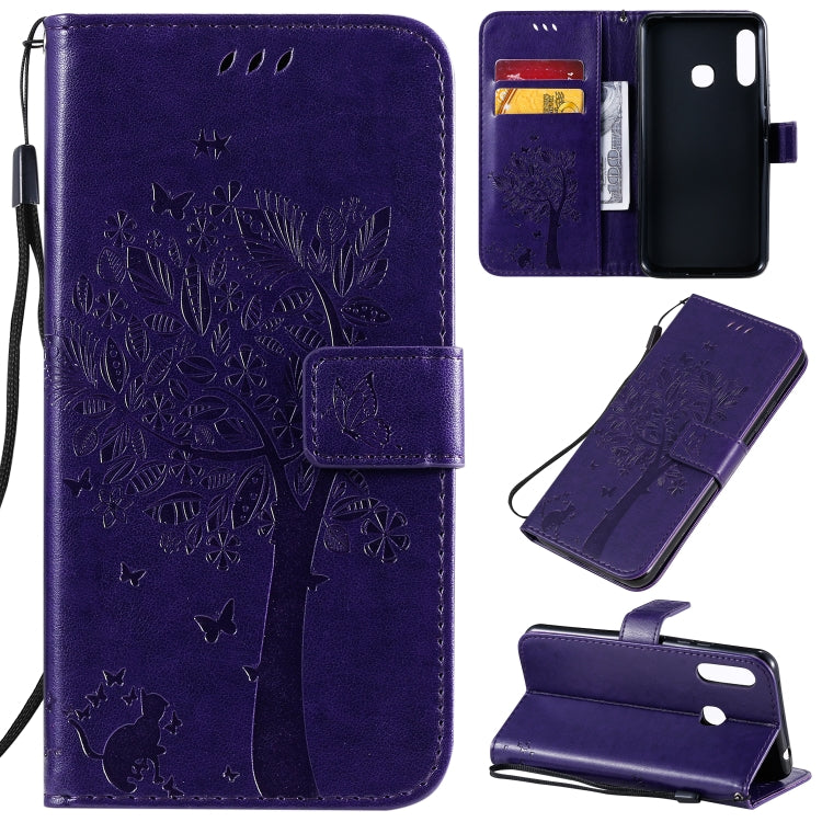 Tree & Cat Pattern Pressed Printing Horizontal Flip PU Leather Case with Holder & Card Slots & Wallet & Lanyard, For Galaxy A70e, For Galaxy A81 / M60S