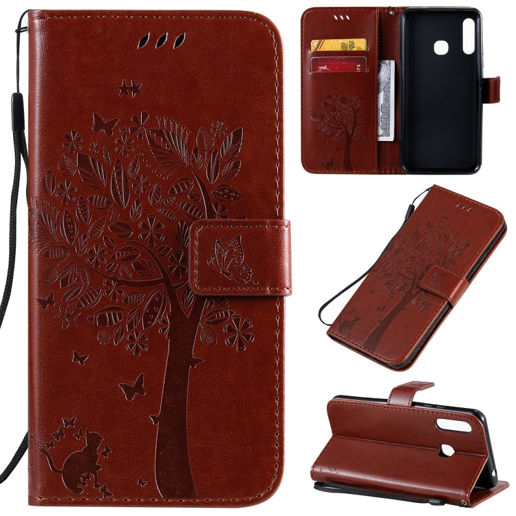 Tree & Cat Pattern Pressed Printing Horizontal Flip PU Leather Case with Holder & Card Slots & Wallet & Lanyard, For Galaxy A70e, For Galaxy A81 / M60S