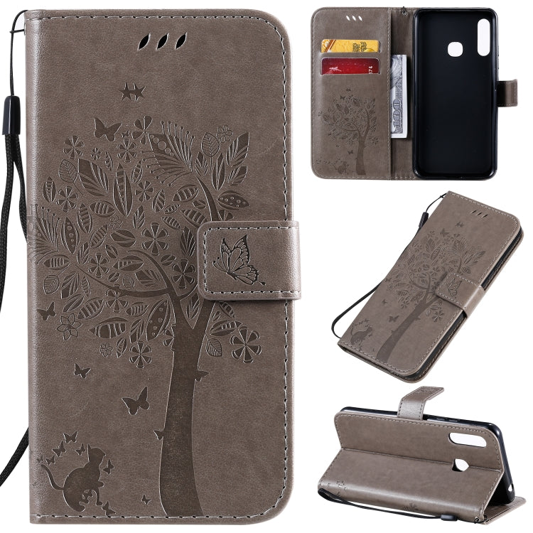 Tree & Cat Pattern Pressed Printing Horizontal Flip PU Leather Case with Holder & Card Slots & Wallet & Lanyard, For Galaxy A70e, For Galaxy A81 / M60S