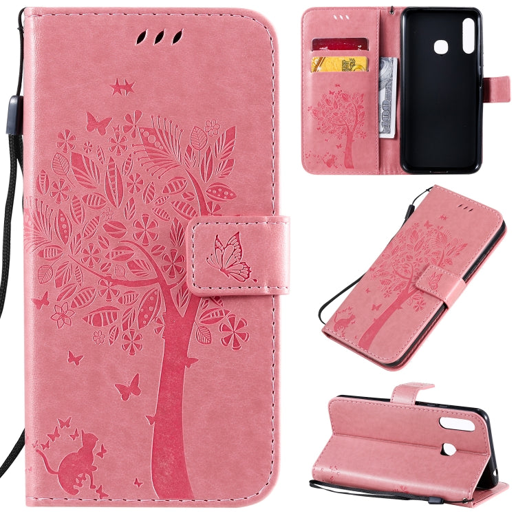 Tree & Cat Pattern Pressed Printing Horizontal Flip PU Leather Case with Holder & Card Slots & Wallet & Lanyard, For Galaxy A70e, For Galaxy A81 / M60S