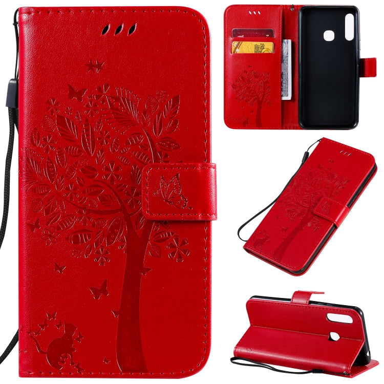 Tree & Cat Pattern Pressed Printing Horizontal Flip PU Leather Case with Holder & Card Slots & Wallet & Lanyard, For Galaxy A70e, For Galaxy A81 / M60S