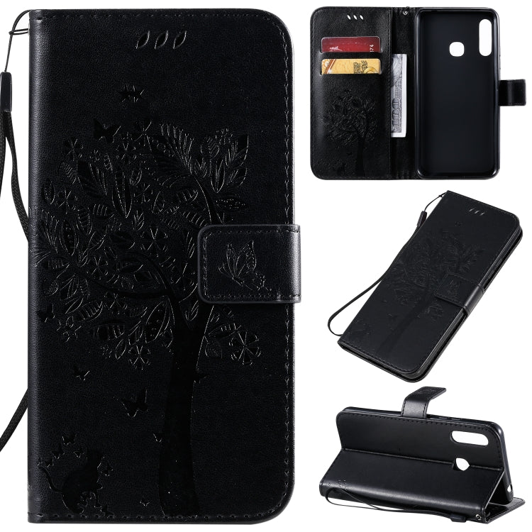 Tree & Cat Pattern Pressed Printing Horizontal Flip PU Leather Case with Holder & Card Slots & Wallet & Lanyard, For Galaxy A70e, For Galaxy A81 / M60S