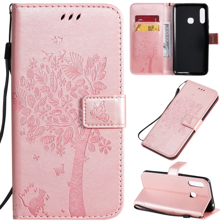 Tree & Cat Pattern Pressed Printing Horizontal Flip PU Leather Case with Holder & Card Slots & Wallet & Lanyard, For Galaxy A70e, For Galaxy A81 / M60S