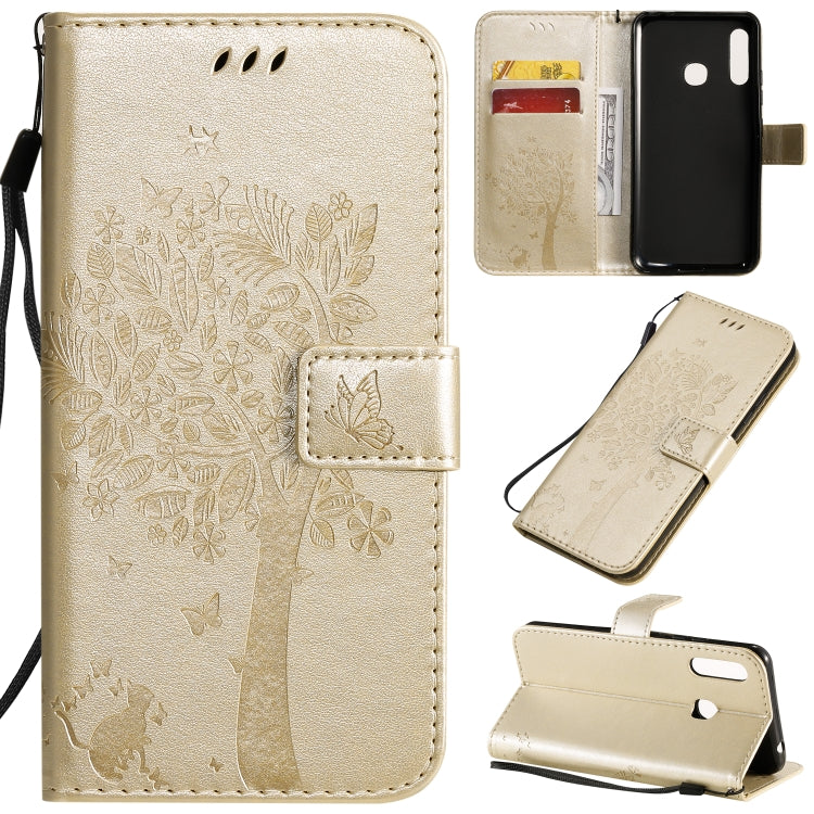 Tree & Cat Pattern Pressed Printing Horizontal Flip PU Leather Case with Holder & Card Slots & Wallet & Lanyard, For Galaxy A70e, For Galaxy A81 / M60S