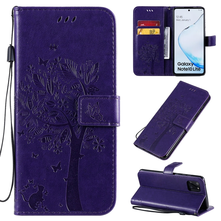 Tree & Cat Pattern Pressed Printing Horizontal Flip PU Leather Case with Holder & Card Slots & Wallet & Lanyard, For Galaxy A70e, For Galaxy A81 / M60S