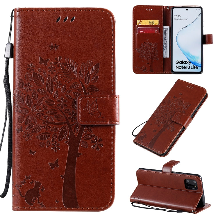 Tree & Cat Pattern Pressed Printing Horizontal Flip PU Leather Case with Holder & Card Slots & Wallet & Lanyard, For Galaxy A70e, For Galaxy A81 / M60S