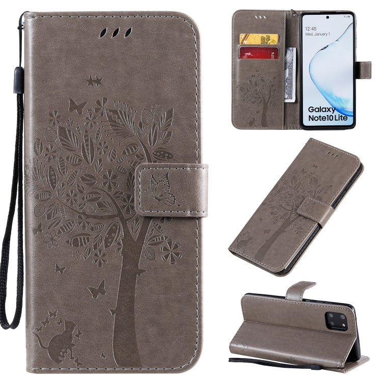Tree & Cat Pattern Pressed Printing Horizontal Flip PU Leather Case with Holder & Card Slots & Wallet & Lanyard, For Galaxy A70e, For Galaxy A81 / M60S