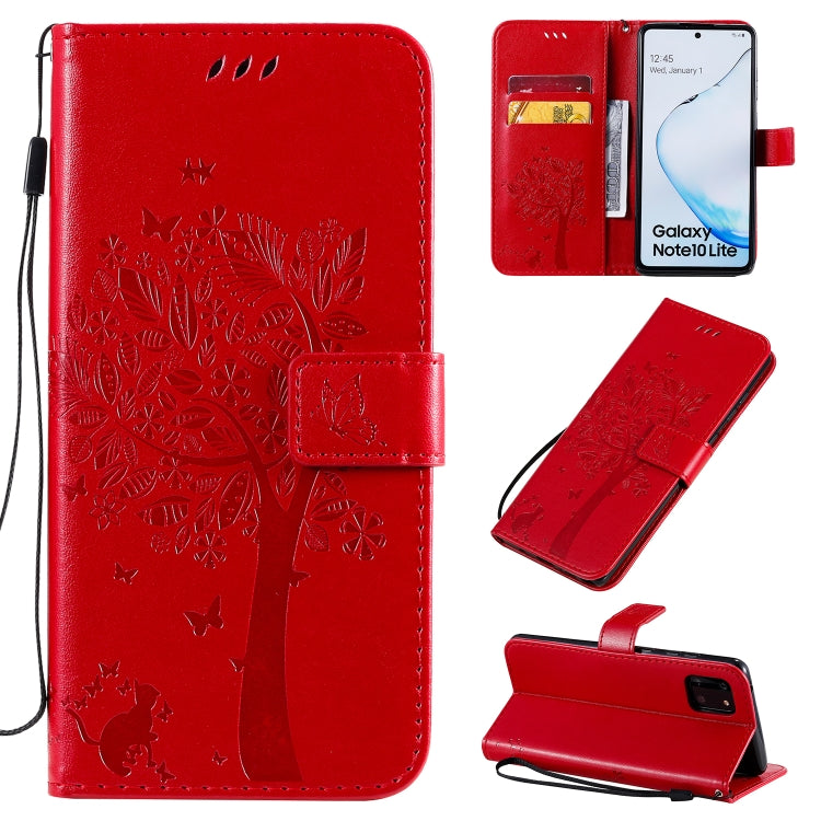 Tree & Cat Pattern Pressed Printing Horizontal Flip PU Leather Case with Holder & Card Slots & Wallet & Lanyard, For Galaxy A70e, For Galaxy A81 / M60S