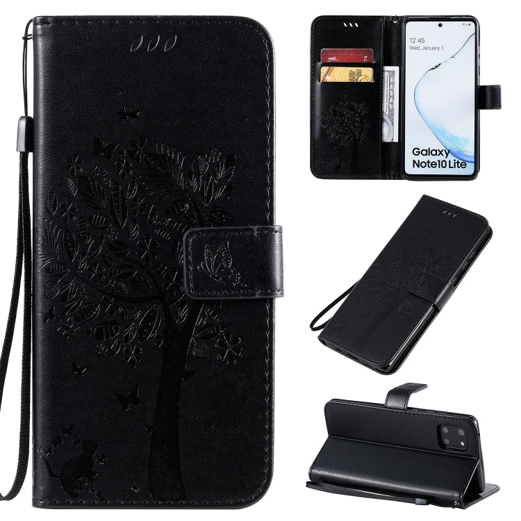 Tree & Cat Pattern Pressed Printing Horizontal Flip PU Leather Case with Holder & Card Slots & Wallet & Lanyard, For Galaxy A70e, For Galaxy A81 / M60S