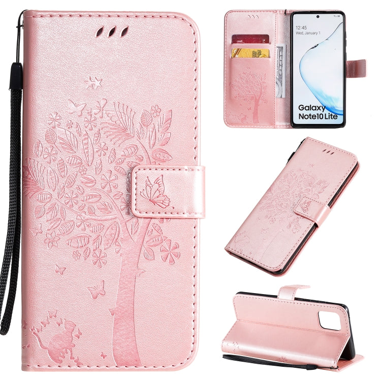 Tree & Cat Pattern Pressed Printing Horizontal Flip PU Leather Case with Holder & Card Slots & Wallet & Lanyard, For Galaxy A70e, For Galaxy A81 / M60S