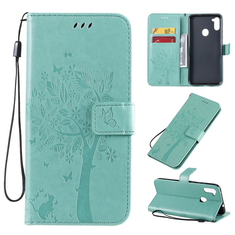 Tree & Cat Pattern Pressed Printing Horizontal Flip PU Leather Case with Holder & Card Slots & Wallet & Lanyard, For Galaxy M11 / A11, For Galaxy M31