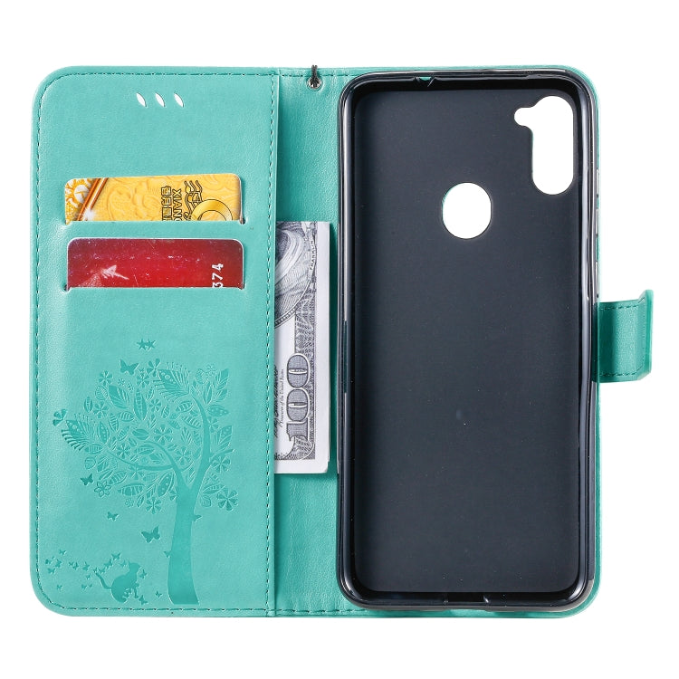 Tree & Cat Pattern Pressed Printing Horizontal Flip PU Leather Case with Holder & Card Slots & Wallet & Lanyard, For Galaxy M11 / A11, For Galaxy M31