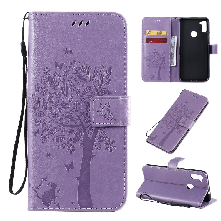 Tree & Cat Pattern Pressed Printing Horizontal Flip PU Leather Case with Holder & Card Slots & Wallet & Lanyard, For Galaxy M11 / A11, For Galaxy M31