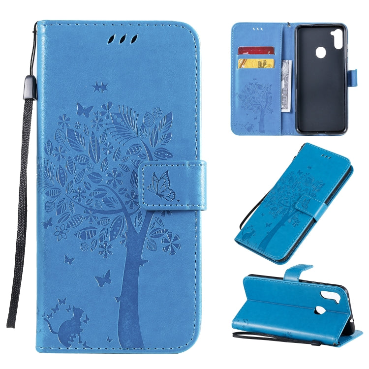 Tree & Cat Pattern Pressed Printing Horizontal Flip PU Leather Case with Holder & Card Slots & Wallet & Lanyard, For Galaxy M11 / A11, For Galaxy M31