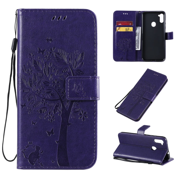 Tree & Cat Pattern Pressed Printing Horizontal Flip PU Leather Case with Holder & Card Slots & Wallet & Lanyard, For Galaxy M11 / A11, For Galaxy M31
