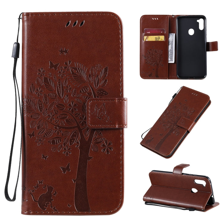 Tree & Cat Pattern Pressed Printing Horizontal Flip PU Leather Case with Holder & Card Slots & Wallet & Lanyard, For Galaxy M11 / A11, For Galaxy M31