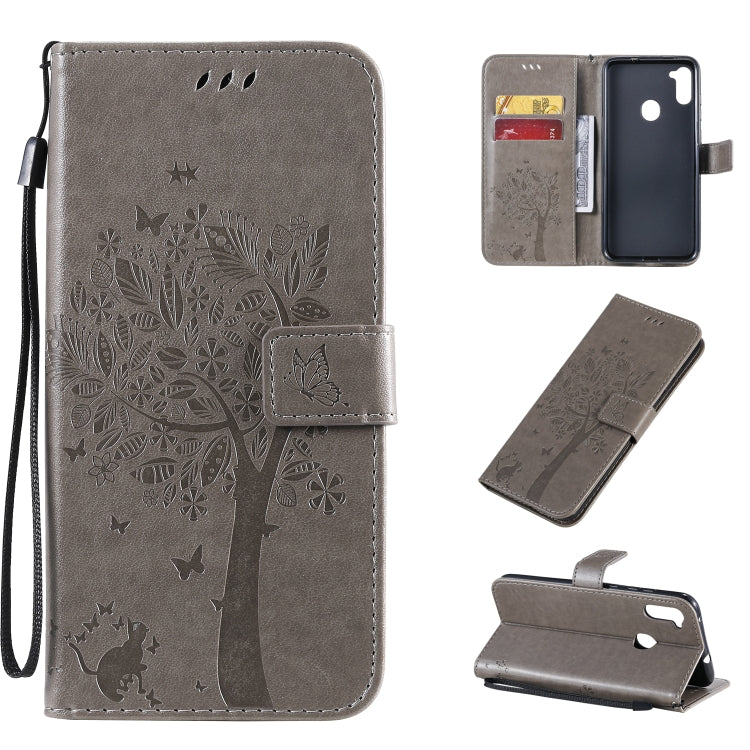 Tree & Cat Pattern Pressed Printing Horizontal Flip PU Leather Case with Holder & Card Slots & Wallet & Lanyard, For Galaxy M11 / A11, For Galaxy M31