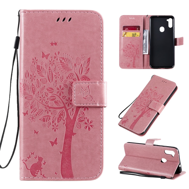 Tree & Cat Pattern Pressed Printing Horizontal Flip PU Leather Case with Holder & Card Slots & Wallet & Lanyard, For Galaxy M11 / A11, For Galaxy M31