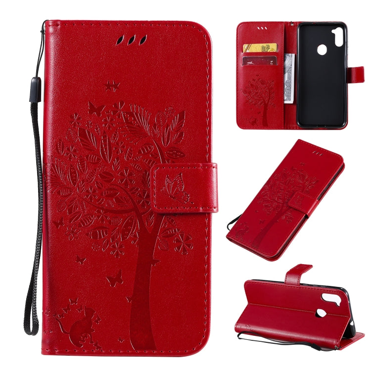 Tree & Cat Pattern Pressed Printing Horizontal Flip PU Leather Case with Holder & Card Slots & Wallet & Lanyard, For Galaxy M11 / A11, For Galaxy M31