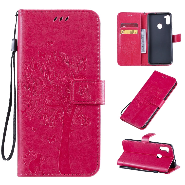 Tree & Cat Pattern Pressed Printing Horizontal Flip PU Leather Case with Holder & Card Slots & Wallet & Lanyard, For Galaxy M11 / A11, For Galaxy M31