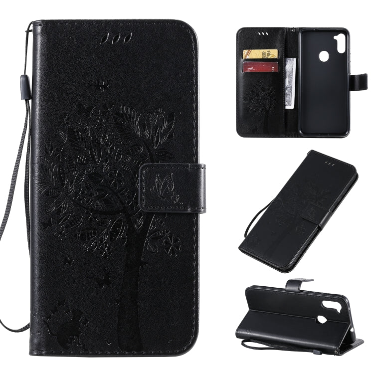 Tree & Cat Pattern Pressed Printing Horizontal Flip PU Leather Case with Holder & Card Slots & Wallet & Lanyard, For Galaxy M11 / A11, For Galaxy M31