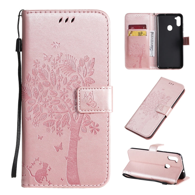 Tree & Cat Pattern Pressed Printing Horizontal Flip PU Leather Case with Holder & Card Slots & Wallet & Lanyard, For Galaxy M11 / A11, For Galaxy M31