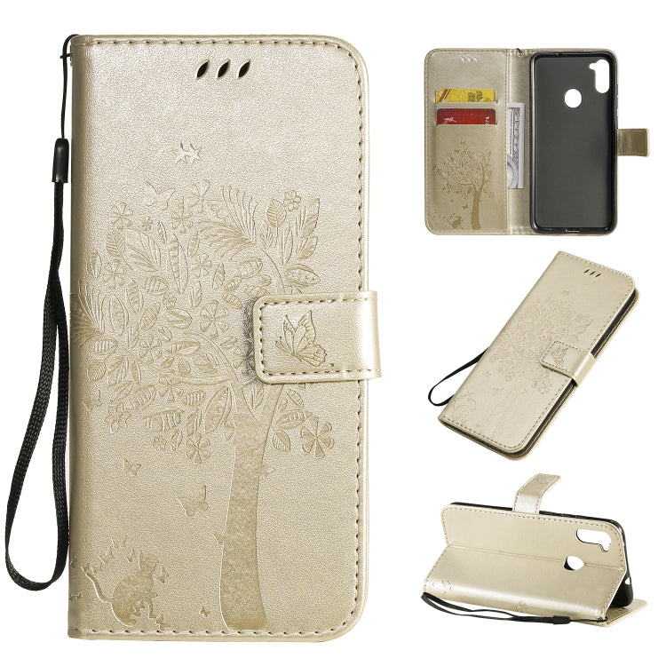 Tree & Cat Pattern Pressed Printing Horizontal Flip PU Leather Case with Holder & Card Slots & Wallet & Lanyard, For Galaxy M11 / A11, For Galaxy M31