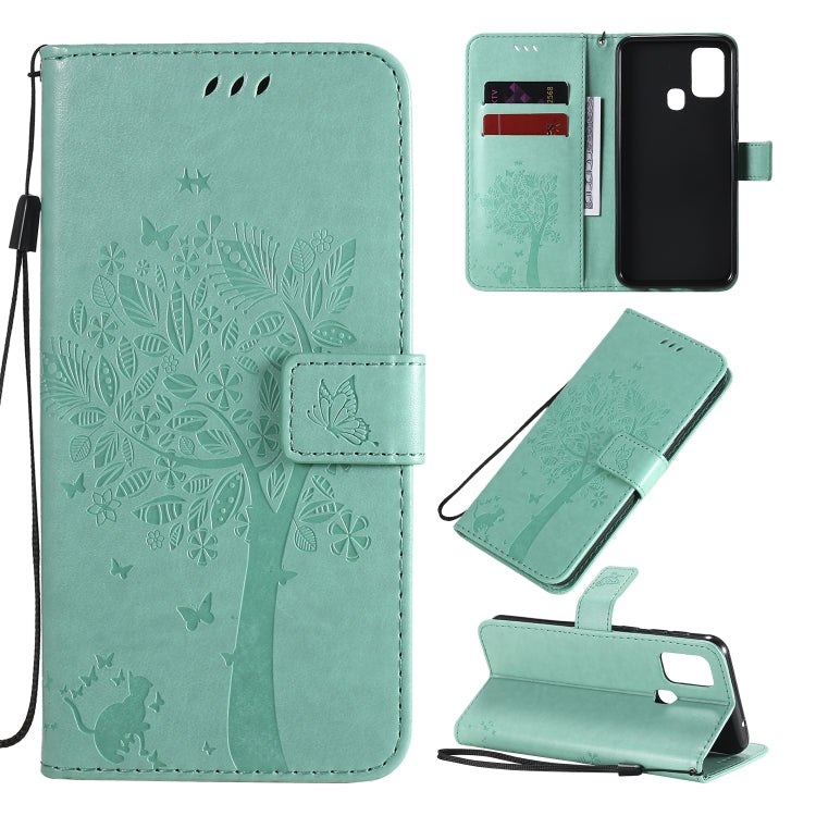 Tree & Cat Pattern Pressed Printing Horizontal Flip PU Leather Case with Holder & Card Slots & Wallet & Lanyard, For Galaxy M11 / A11, For Galaxy M31