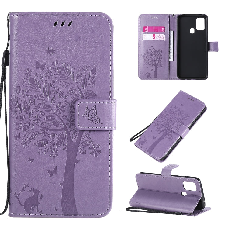 Tree & Cat Pattern Pressed Printing Horizontal Flip PU Leather Case with Holder & Card Slots & Wallet & Lanyard, For Galaxy M11 / A11, For Galaxy M31