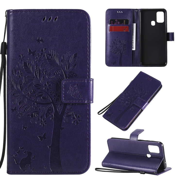 Tree & Cat Pattern Pressed Printing Horizontal Flip PU Leather Case with Holder & Card Slots & Wallet & Lanyard, For Galaxy M11 / A11, For Galaxy M31