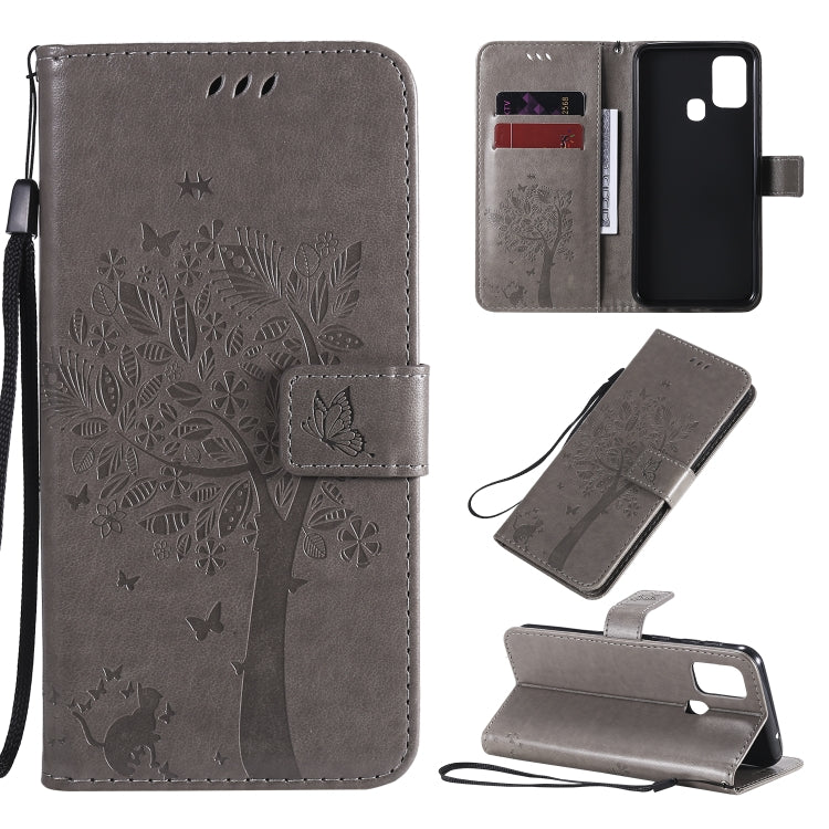 Tree & Cat Pattern Pressed Printing Horizontal Flip PU Leather Case with Holder & Card Slots & Wallet & Lanyard, For Galaxy M11 / A11, For Galaxy M31
