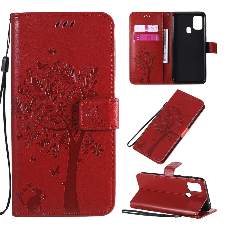 Tree & Cat Pattern Pressed Printing Horizontal Flip PU Leather Case with Holder & Card Slots & Wallet & Lanyard, For Galaxy M11 / A11, For Galaxy M31